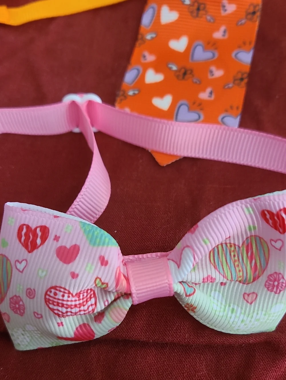 Pet Heart Print Bow & Tie Collar Accessories Set - Pink, Red, Orange